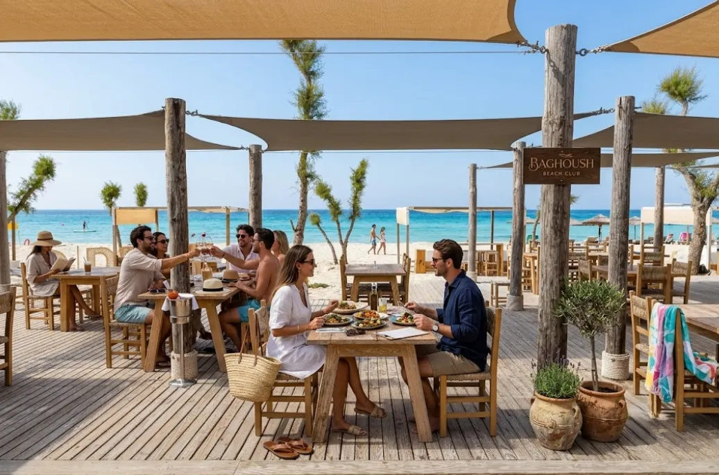 A wooden beach-deck restaurant framed by white sails, sea and sand beyond